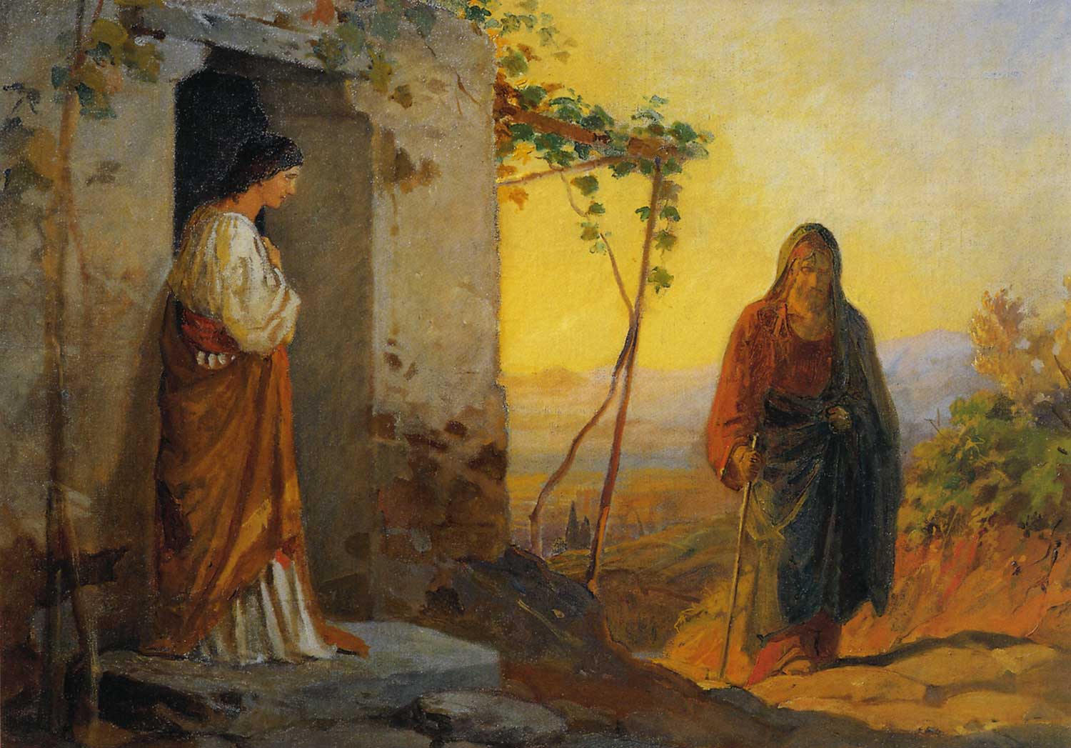 Мария, сестра Лазаря, встречает Иисуса Христа, идущего к ним в дом